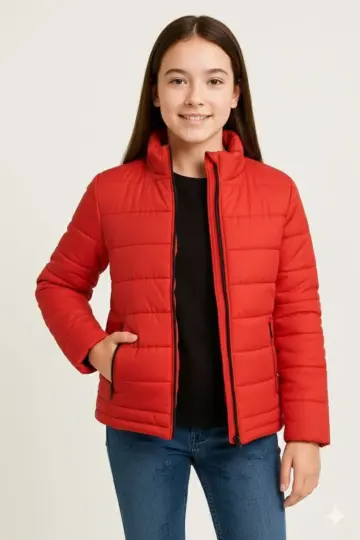 Kız Çocuk Şişme İçi Elyaflı Fermuarlı Cepli Mont Su İtici Ceket - Kırmızı