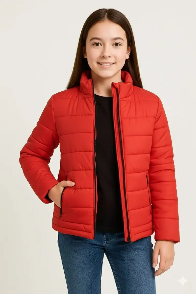 Kız Çocuk Şişme İçi Elyaflı Fermuarlı Cepli Mont Su İtici Ceket - Kırmızı