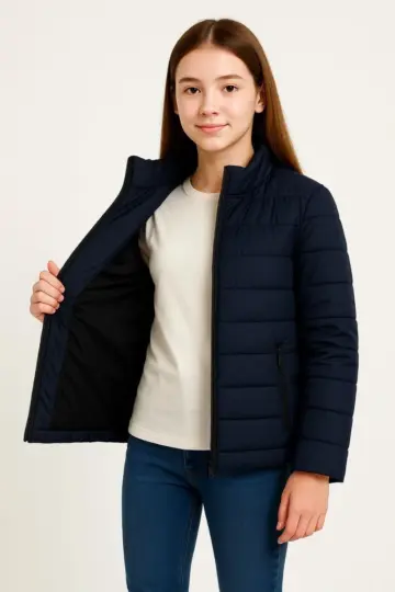 Kız Çocuk Şişme İçi Elyaflı Fermuarlı Cepli Mont Su İtici Ceket - Lacivert