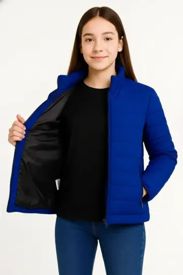 Kız Çocuk Şişme İçi Elyaflı Fermuarlı Cepli Mont Su İtici Ceket -  Saks Mavisi