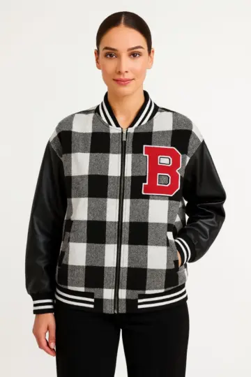 Kolej Ceket Kareli Oduncu Kolları Suni Deri Fermuarlı İçi Kapitone Astarlı - Gri