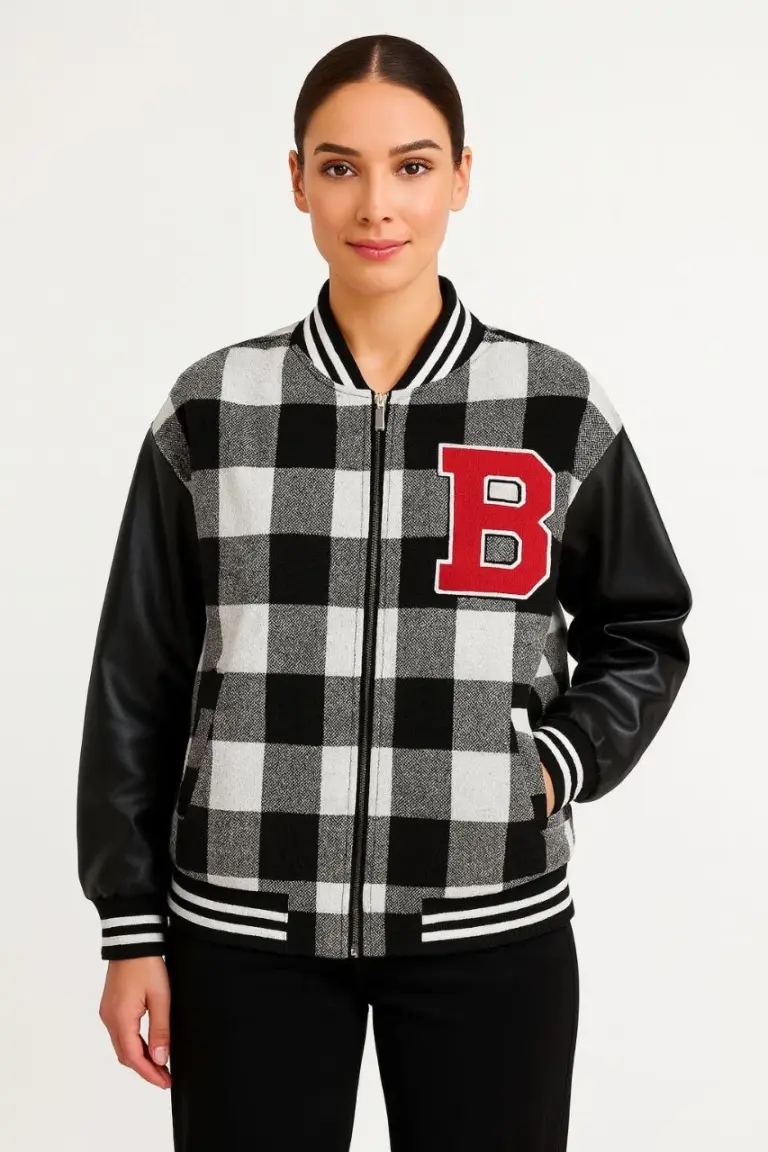 Kolej Ceket Kareli Oduncu Kolları Suni Deri Fermuarlı İçi Kapitone Astarlı - Gri