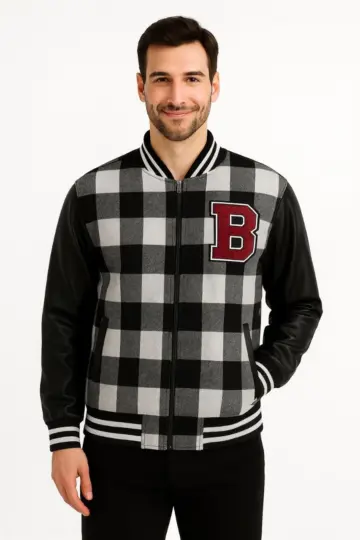 Kolej Ceket Kareli Oduncu Kolları Suni Deri Fermuarlı İçi Kapitone Astarlı - Gri