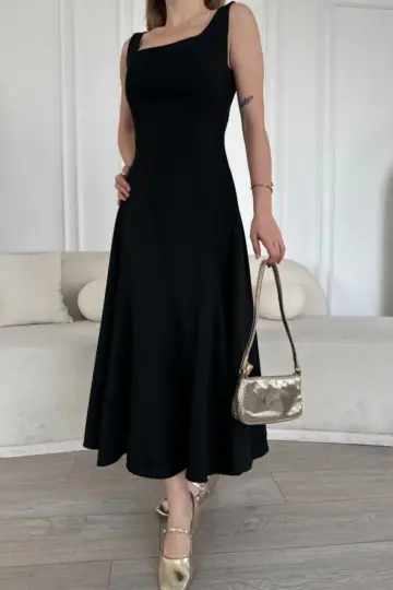 Sırt Dekolteli Kolsuz Uzun Elbise - Siyah