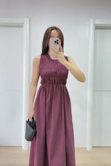 Kolsuz Göğüs Lastıklı %100 Poplin Uzun Elbise - Bordo