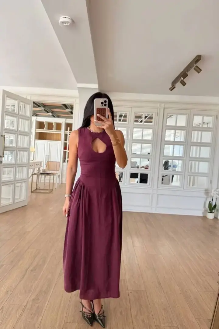 Kolsuz Uzun Kabardin Elbise - Bordo