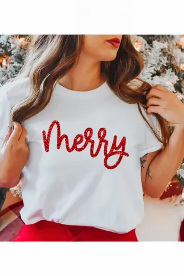 Yılbaşı Tişörr Merry Baskılı Kısa kol T-shirt - Beyaz