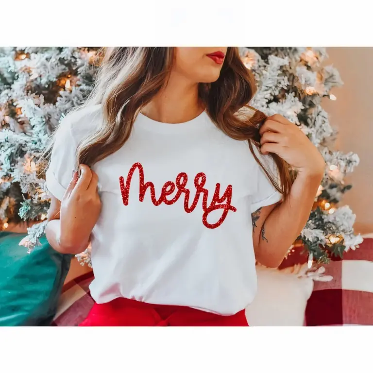 Yılbaşı Tişörr Merry Baskılı Kısa kol T-shirt - Beyaz