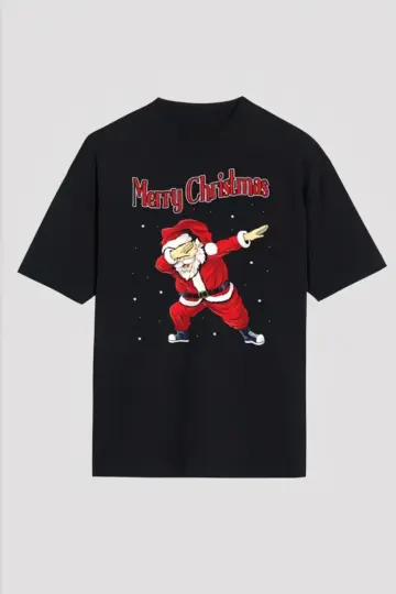 Yılbaşı Tişört Merry Christmas Baskılı Noel Babalı T-shirt - Siyah