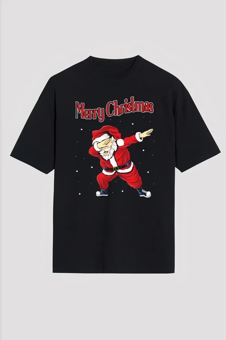 Yılbaşı Tişört Merry Christmas Baskılı Noel Babalı T-shirt - Siyah