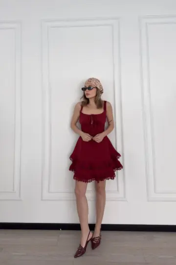 Mini Askılı Elbise - Bordo