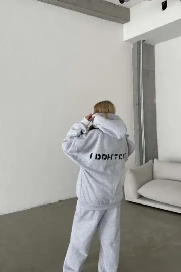 Nakış İşlemeli 3 İplik Pamuklu Sweat Alt-Üst Takım- Gri