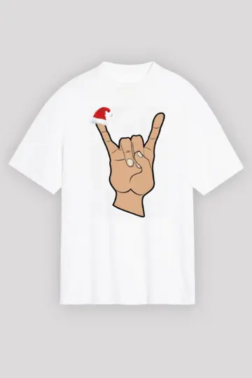 Yılbaşı Tişört Noel Başlıklı Serçe Parmak T-shirt - Beyaz