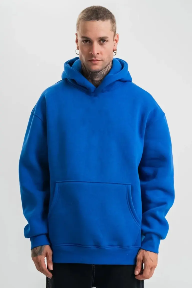 Oversize 3 İplik Pamuklu Kapüşonlu Kanguru Cepli Hoodie Sweatshirt - Saks Mavisi