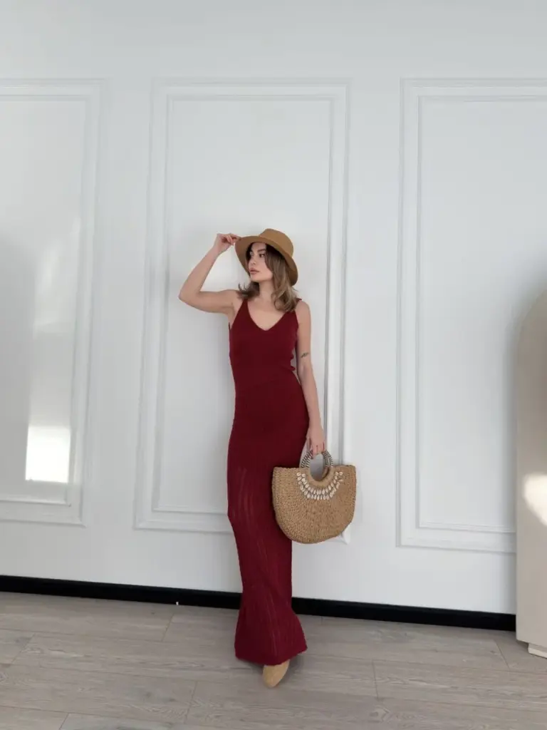 Örgülü Uzun Triko Elbise - Bordo