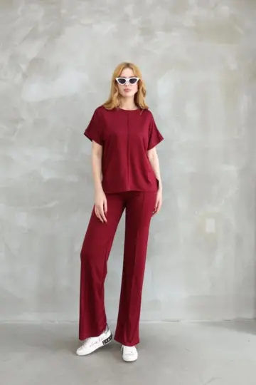 Osy Modal Yumuşak dokulu Bisiklet Yaka Kısa Kollu Alt-Üst Takım - Bordo