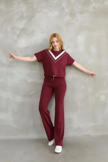 Osy Modal Yumuşak dokulu Bisiklet Yaka Parçalı detaylı Kısa Kollu Takım - Bordo