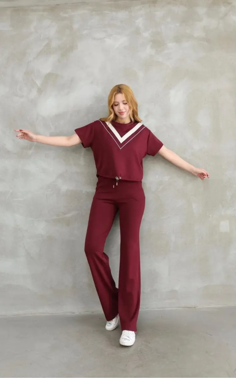 Osy Modal Yumuşak dokulu Bisiklet Yaka Parçalı detaylı Kısa Kollu Takım - Bordo