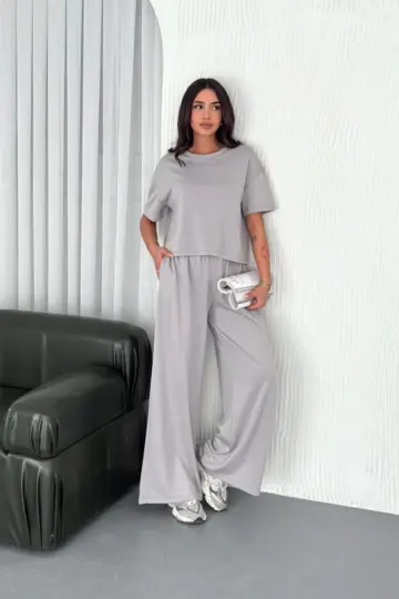 Osy Modal Yumuşak Kumaş Bisiklet Yaka T-shirt Bol paça Pantolon ikili Takım - Boyalı Gri
