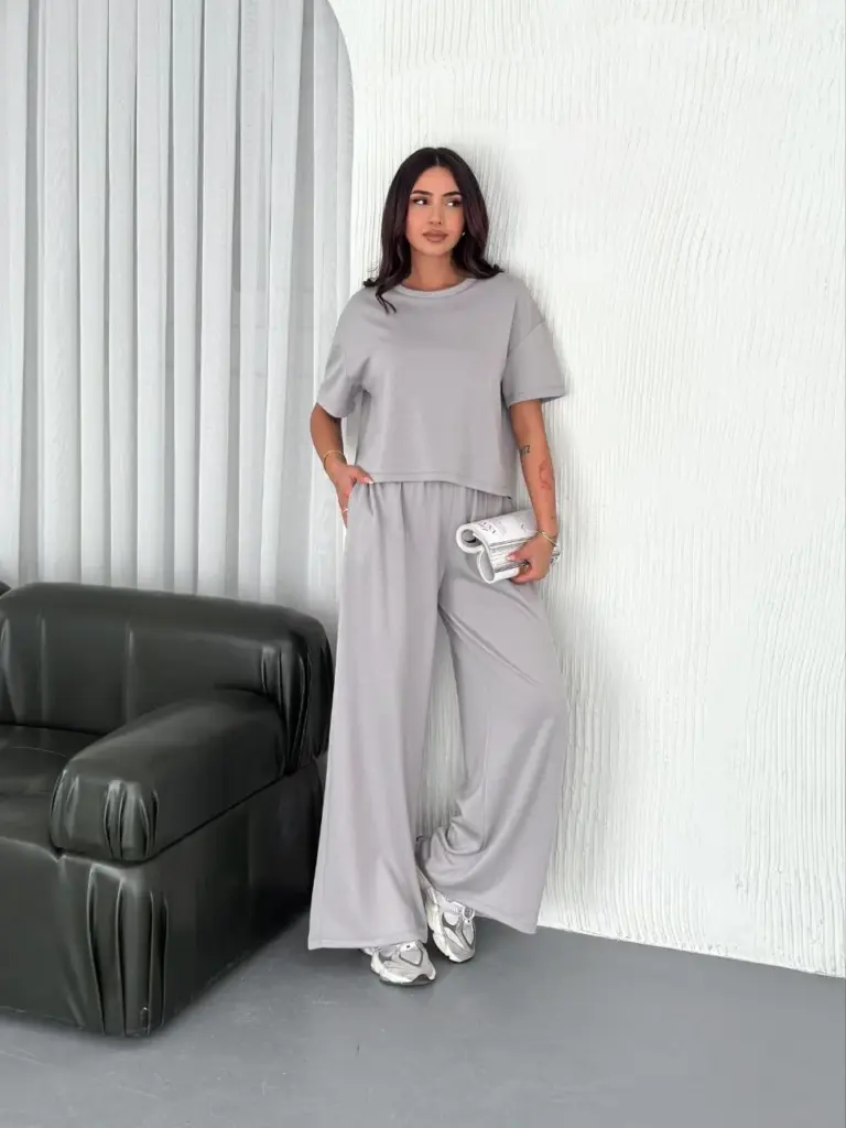 Osy Modal Yumuşak Kumaş Bisiklet Yaka T-shirt Bol paça Pantolon ikili Takım - Boyalı Gri