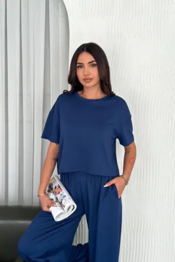 Osy Modal Yumuşak Dokulu Kumaş Bisiklet Yaka T-shirt Pantolon ikili Takım -Saks Mavisi