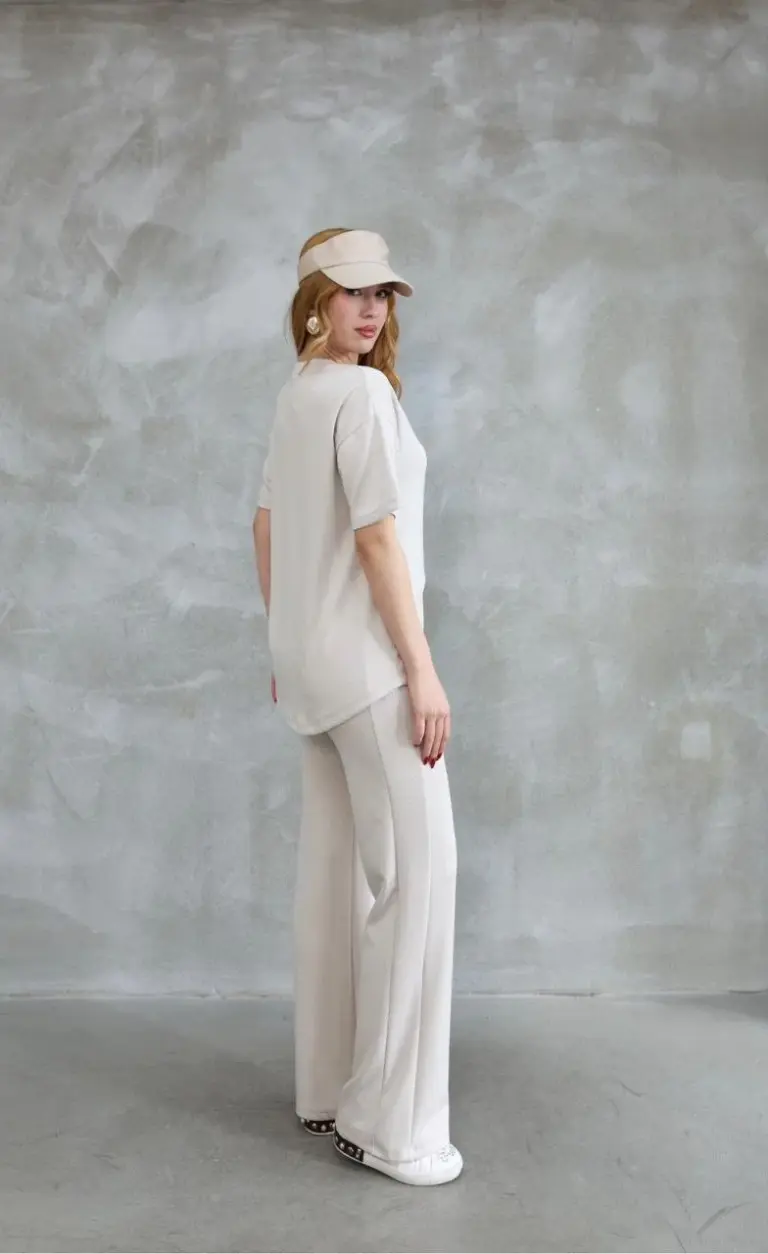 Osy Modal Yumuşak dokulu Bisiklet Yaka Taş detaylı Kısa Kollu Alt-Üst Takım - Kırık Beyaz