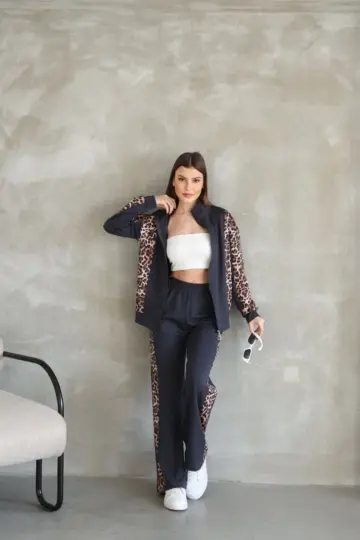 Osy Modal Yumuşak Dokulu Kapüşonlu Leopar Desenli Fermuarlı Takım - Antrasit