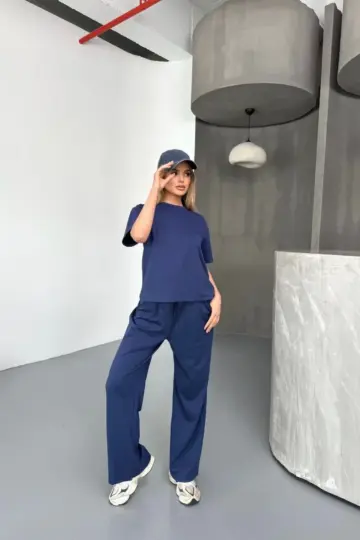 Osy Modal Yumuşak Dokulu Kumaş Kısa Kollu Bluz Rahat Pantolon ikili Takım- Lacivert