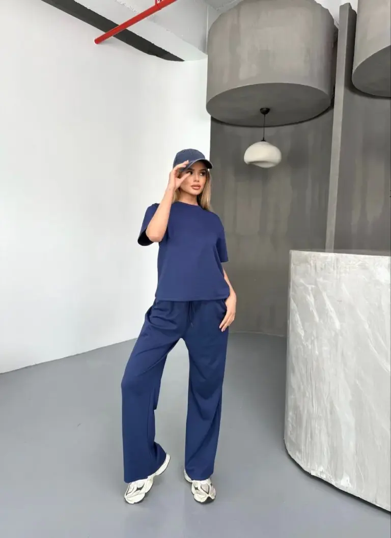 Osy Modal Yumuşak Dokulu Kumaş Kısa Kollu Bluz Rahat Pantolon ikili Takım- Lacivert