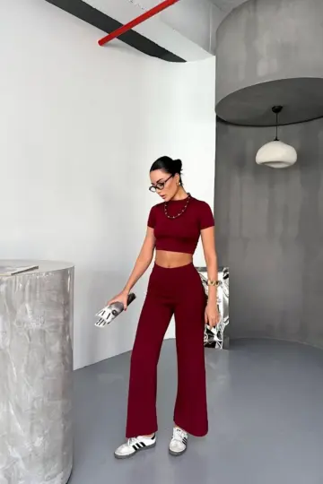 Osy Modal Yumuşak Dokulu Kumaş Kısa Kollu Crop Alt ispanyol Paça Pantolon ikili Takım - Bordo