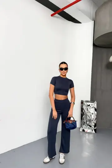 Osy Modal Yumuşak Dokulu Kumaş Kısa Kollu Crop Alt ispanyol Paça Pantolon ikili Takım - Füme