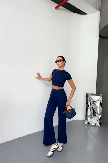 Osy Modal Yumuşak Kumaş Kısa Kollu Crop Alt ispanyol Paça Pantolon ikili Takım - Lacivert
