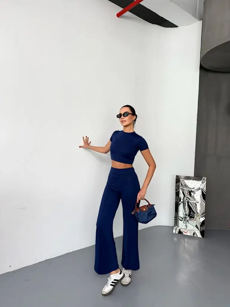 Osy Modal Yumuşak Kumaş Kısa Kollu Crop Alt ispanyol Paça Pantolon ikili Takım - Lacivert