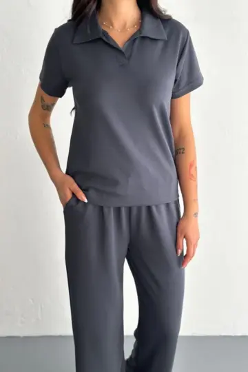 Osy Modal Yumuşak Dokulu Kumaş Kısa Kollu Yakalı T-shirt Pantolon ikili Takım- Antrasit