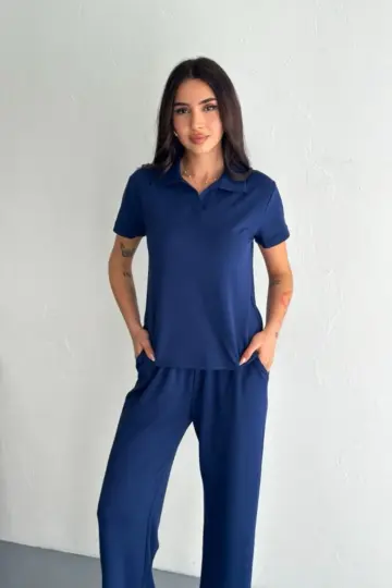 Osy Modal Yumuşak Dokulu Kısa Kollu Yakalı Pantolon ikili Takım - Lacivert
