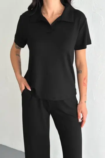 Osy Modal Yumuşak Dokulu Kumaş Kısa Kollu Yakalı T-shirt Pantolon ikili Takım- Siyah