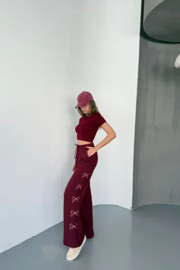 Osy Modal Yumuşak Dokulu Kumaş Nakış işlemeli Rahat Bol Paça Eşofman Pantolon - Bordo