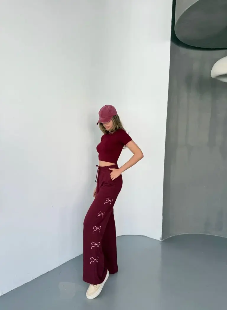 Osy Modal Yumuşak Dokulu Kumaş Nakış işlemeli Rahat Bol Paça Eşofman Pantolon - Bordo