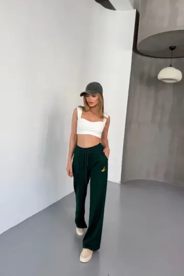 Osy Modal Yumuşak Dokulu Kumaş Nakış işlemeli Rahat Bol Paça Eşofman Pantolon - Yeşil