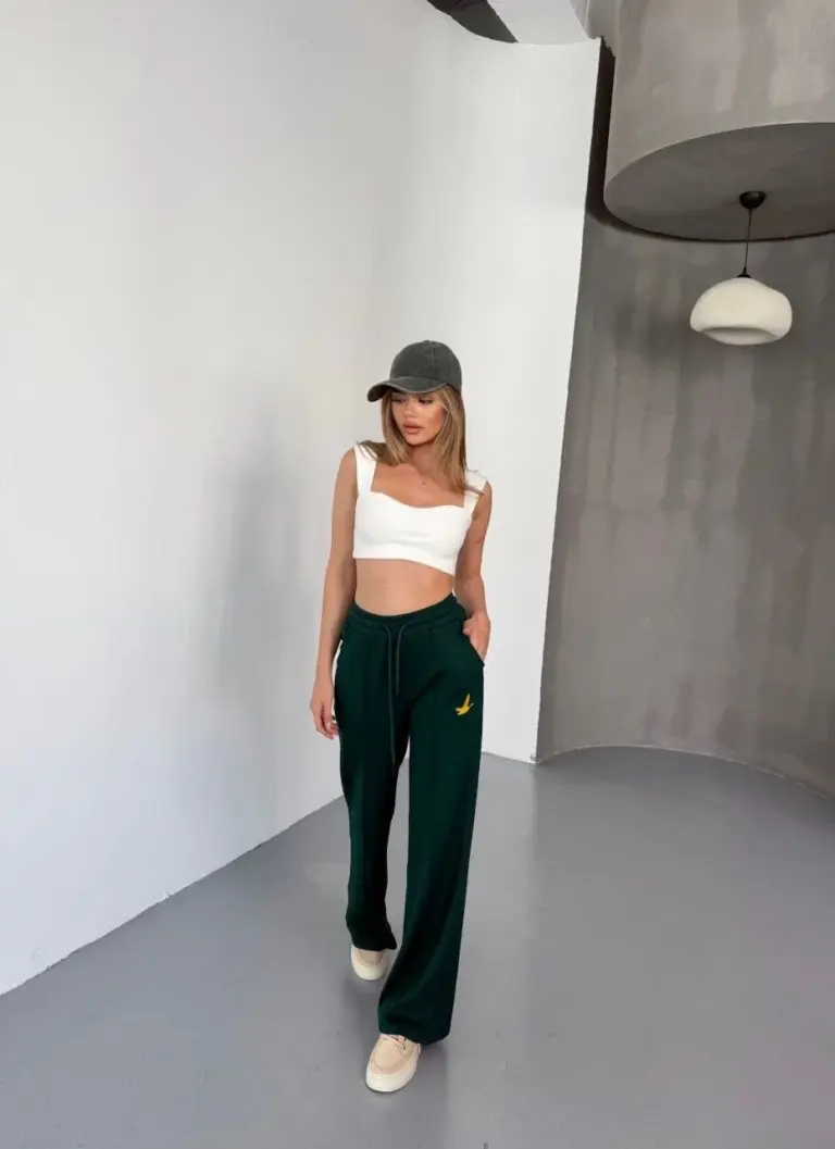 Osy Modal Yumuşak Dokulu Kumaş Nakış işlemeli Rahat Bol Paça Eşofman Pantolon - Yeşil