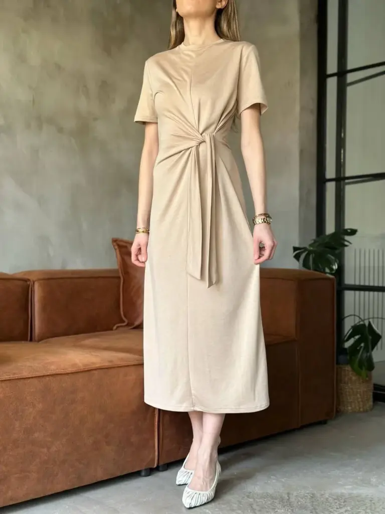 Osy Modal Yumuşak Dokulu Yandan Bağlamalı Elbise - Bej