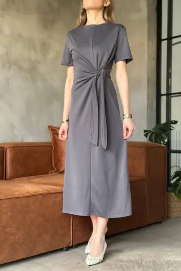 Osy Modal Yumuşak Dokulu Yandan Bağlamalı Elbise - Gri