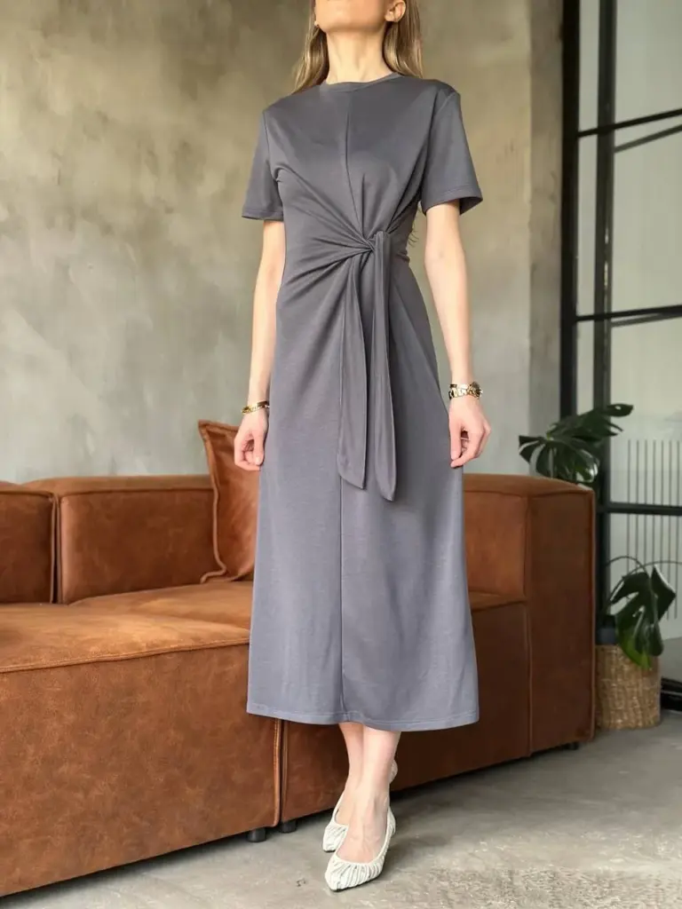 Osy Modal Yumuşak Dokulu Yandan Bağlamalı Elbise - Gri