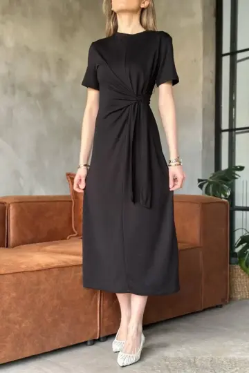 Osy Modal Yumuşak Dokulu Yandan Bağlamalı Elbise - Siyah