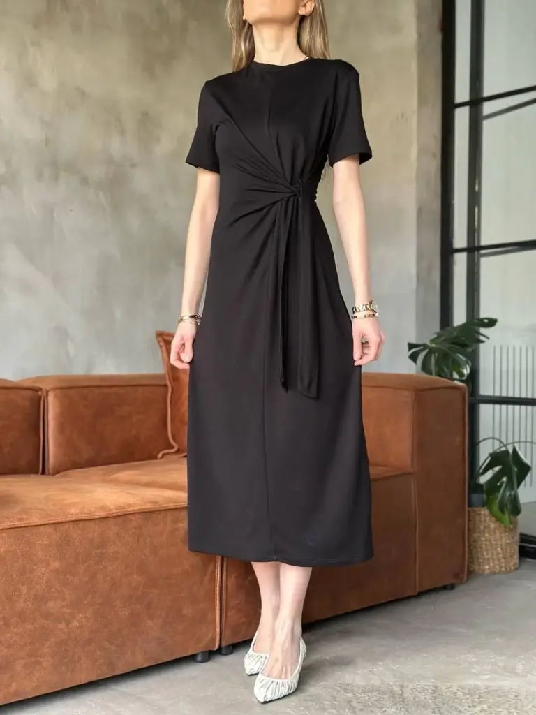 Osy Modal Yumuşak Dokulu Yandan Bağlamalı Elbise - Siyah