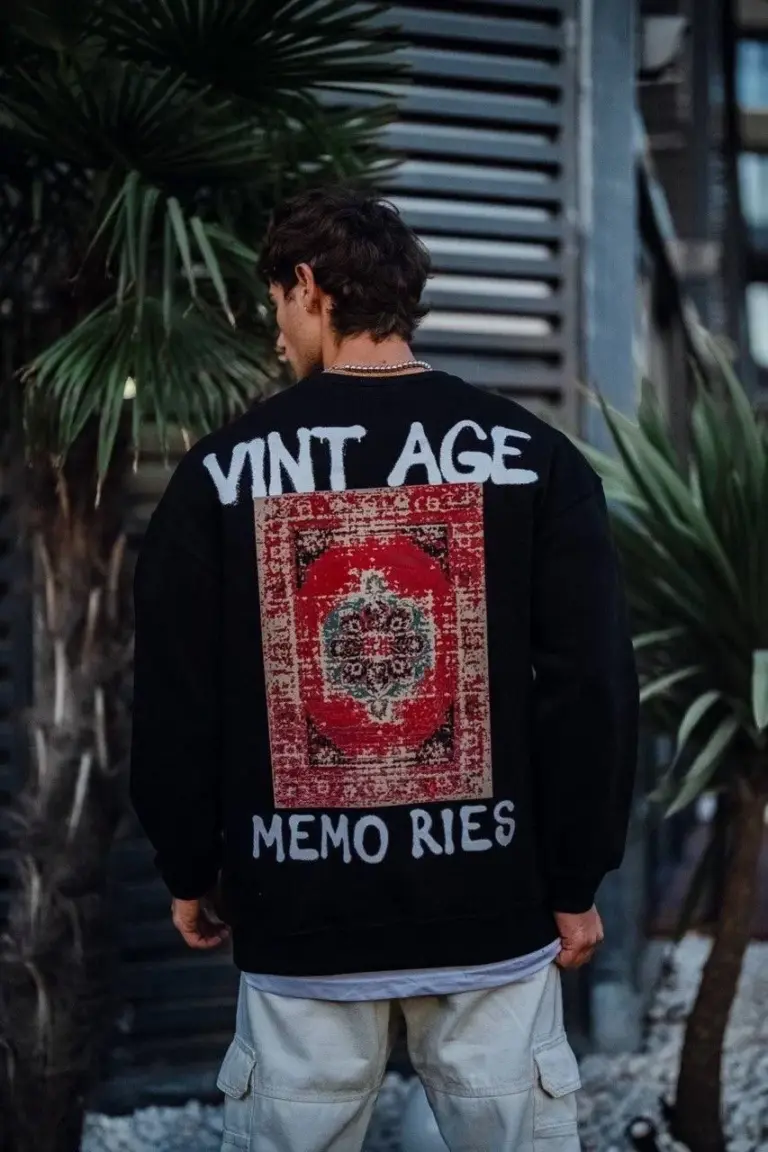 Bisiklet Yaka 3 İplik Pamuklu Baskılı SweatShirt - Siyah