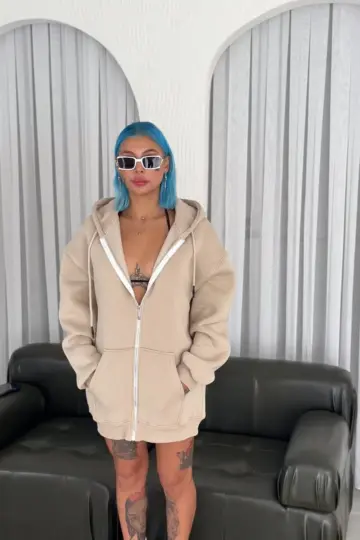 3 İplik Pamuklu Kapüşonlu Kanguru Cepli Baskılı Oversize Hoodie Sweatshirt - Bej