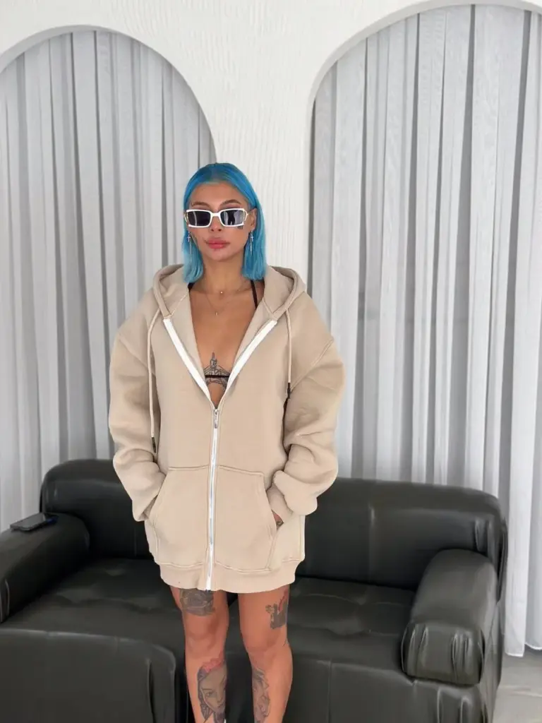 3 İplik Pamuklu Kapüşonlu Kanguru Cepli Baskılı Oversize Hoodie Sweatshirt - Bej