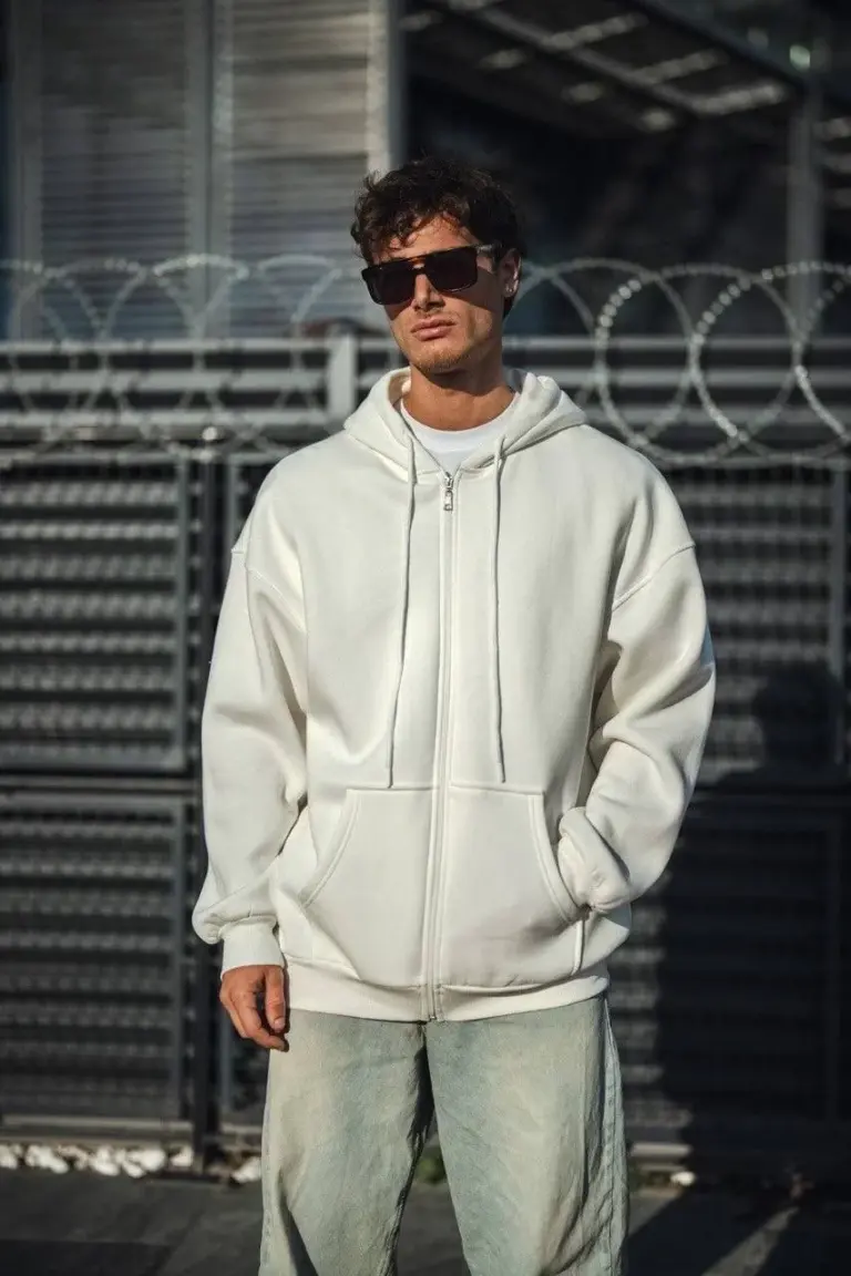 Tam Fermuarlı Cepli Kapüşonlu 3 iplik pamuklu hoodie Sweatshirt - Beyaz