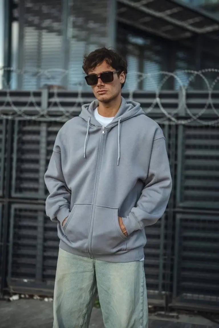 Tam Fermuarlı Cepli Kapüşonlu 3 iplik pamuklu hoodie Sweatshirt - Gri